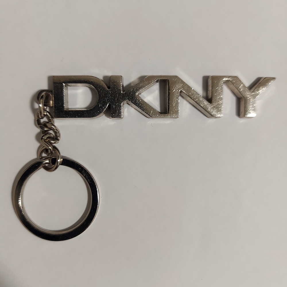 DKNY Silver Tone Metal Logo Lettering Keychain Key Ring Bag Charm Accessory Fob